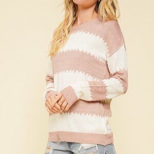 HEM & THREAD Pink & Ivory Striped Knit Sweater, Soft Lightweight Pullover